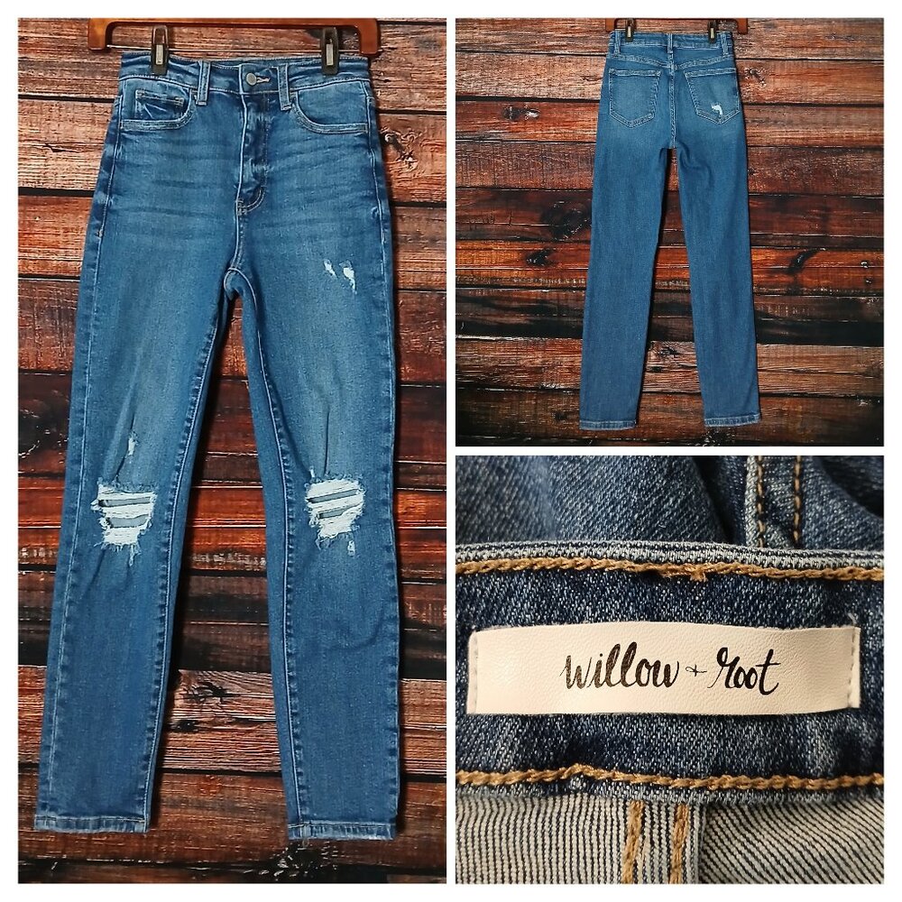 Willow & Root Buckle Jeans 24 Distressed High Rise Mom Blue Denim Stretch